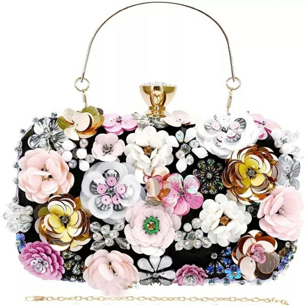 Women's Evening Bag Flower Party Prom Clutch Purse Floral Bride Black Handbag - Picture 2 of 16